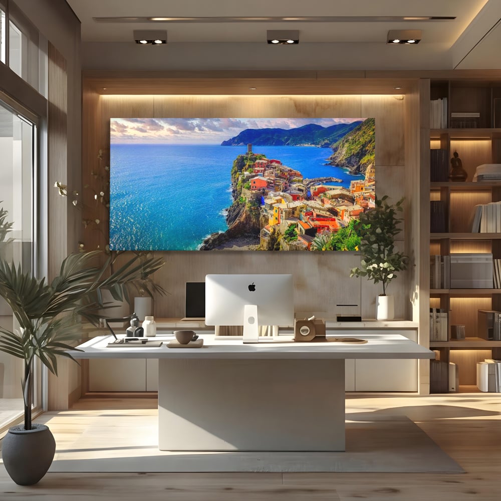 Tablou canvas cu peisaj costier italian cu sat colorat pe stanca, fara rama, pe sasiu de lemn, pe perete intr-un birou